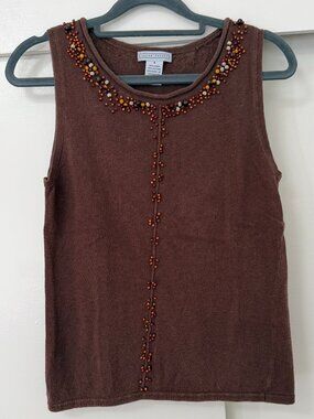 Vintage Lauren Hansen Brown Beaded Knit Tank Top Size Small
